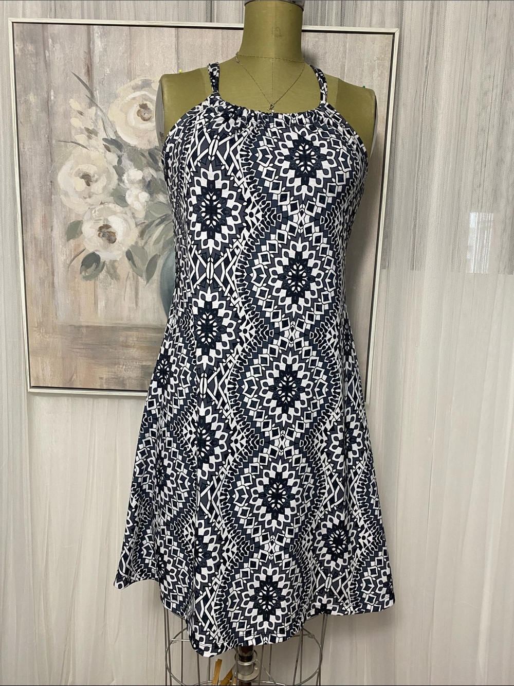 Prana Quinn Shades of Grey Black White Halter-Style Printed Mini Dress Size M